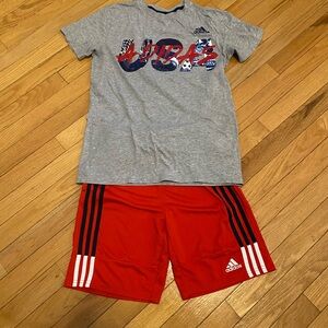 adidas Gray Graphic Tee with Red Athletic Shorts